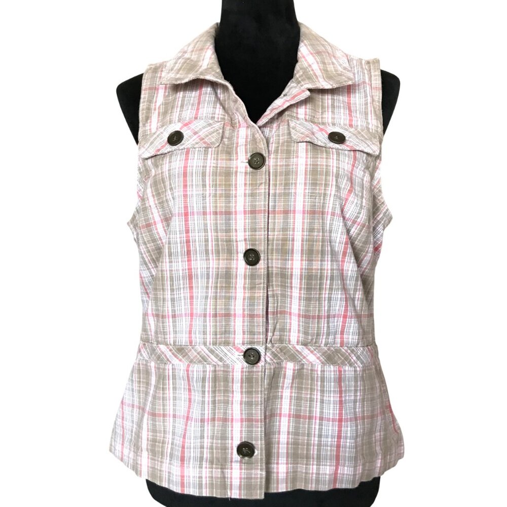 Christopher & Banks Sleeveless Plaid Vest with Banding & Bow on Back Tan Coral M